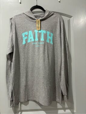 Faith Over Fear Hooded Sweatshirt - Gray with Aqua Print